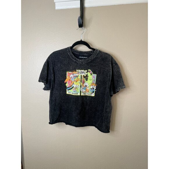 Nickelodeon‎ Women's Shirt Rugrats Cropped size large black gray round neck - Picture 1 of 6